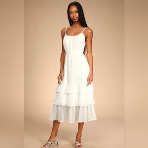 Lulus Tiers and Applause White Swiss‎ Dot Tie-Back Tiered Midi Dress Size S